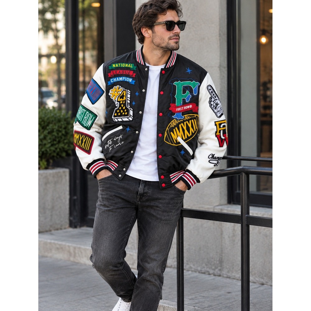 First Row XL Patchwork Varsity Bomber Jacket Y2K Streetwear
